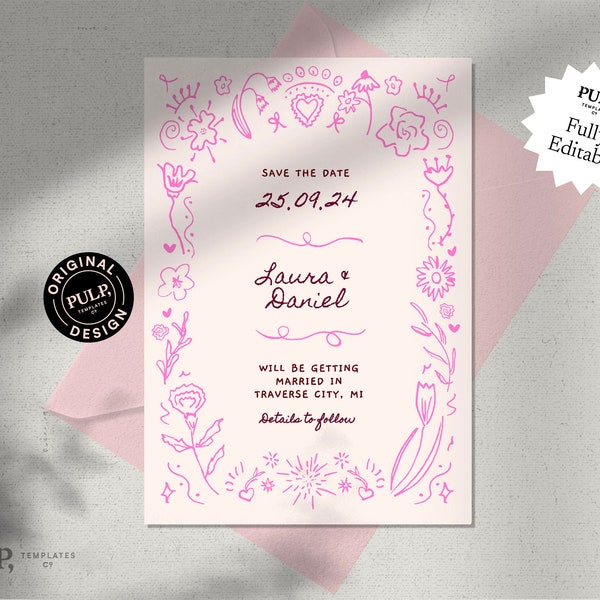 SAVE THE DATE template | colorful, whimsical, funky, scribbled handwritten invite | illustrated hand drawn pink frame | 0033