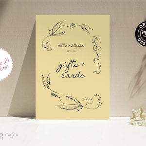 Plantilla de SIGNO DE MESA DE REGALO / fiesta de boda italiana / mediterráneo / caprichoso, dibujado a mano, señalización ilustrada garabateada / manuscrita / 0036