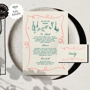 MENU + PLACE CARD Template |  Hand drawn & Handwritten scribble illustrated whimsical wedding party menu | funky printable |0030