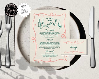 MENU + PLACE CARD Template |  Hand drawn & Handwritten scribble illustrated whimsical wedding party menu | funky printable |0030