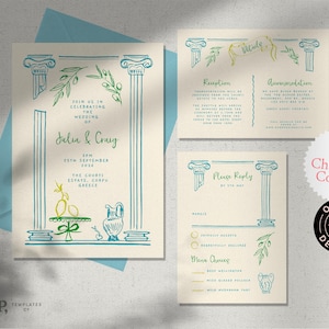SET DI INVITI DI MATRIMONIO Modello / matrimonio di destinazione / invito mediterraneo Grecia / illustrazioni disegnate a mano scritte a mano / divertente greco / 0050