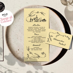 MENU + Modelo de CARTÃO DE LUGAR | Rabisco desenhado à mão e manuscrito ilustrado Menu de casamento caprichoso italiano | Imprimível dl 3,75 x 9 | 0036