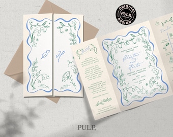 WEDDING INVITATION TEMPLATE | gate fold | hand drawn romantic floral illustrations & handwritten |colorful, fun, whimsical | timeline | 0046