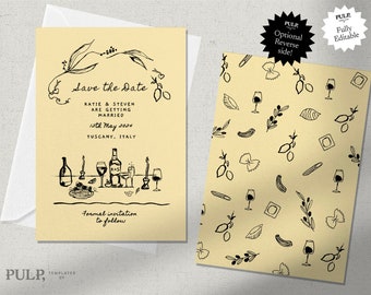 SAVE THE DATE invite template | Italian wedding | handwritten & hand drawn | destination wedding | fun unique illustration | colorful | 0036