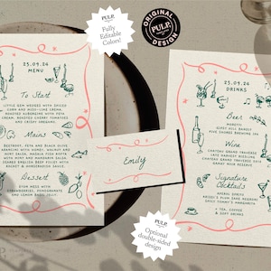 doppelseitige FOOD & DRINKS MENÜ Vorlage | Tischkarten-Einstellungen | skurril funky skurril | handgezeichnet, handgeschrieben | bunte Party | 0030