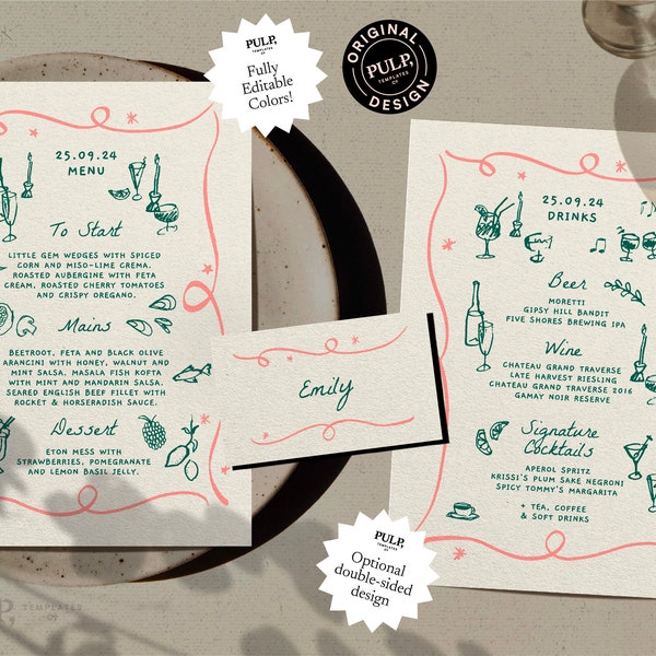 double sided FOOD & DRINKS MENU template | place card settings | quirky funky whimsical | hand drawn, handwritten | colorful party | 0030