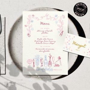 MENÜ + TISCHKARTE Vorlage |  Hand gezeichnete und handgeschriebene Blumenillustration, wunderliches Brautparty-Menü | Prosecco und Blütenblätter | 0068