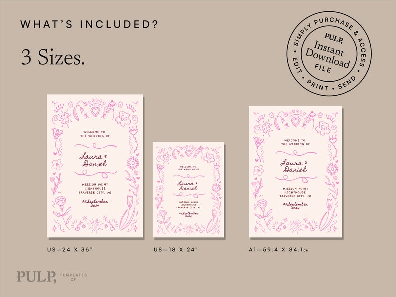 WEDDING WELCOME SIGN Template | Hand Drawn and Handwritten Party Sign ...