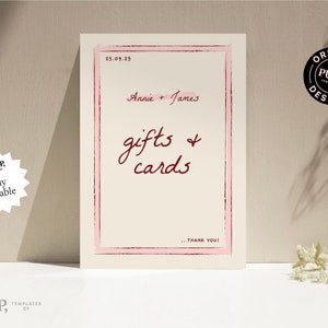 Plantilla de SIGNO DE MESA DE REGALO / boda retro vintage / bebé, despedida de soltera / escrito a mano / borde rosa dibujado a mano / descarga imprimible / 0031