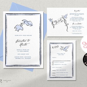 May include: A wedding invitation suite with a blue and white color scheme. The invitation features a hand-drawn illustration of two birds carrying a banner with the word "Details". The RSVP card features a bird carrying a letter. The text on the invitation reads "Christine & Hector" and "Joyfully invite you to their wedding 24th August 2025 Mission Point Lighthouse, Traverse City, Michigan".