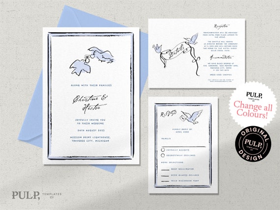 Romantic Love Bird Wedding Invitation Suite | Cute Editable Template | Hand Drawn Illustrations | Printable Invite Set| 0047