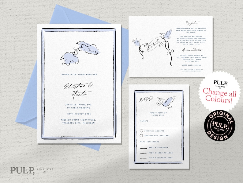 May include: A wedding invitation suite with a blue and white color scheme. The invitation features a hand-drawn illustration of two birds carrying a banner with the word "Details". The RSVP card features a bird carrying a letter. The text on the invitation reads "Christine & Hector" and "Joyfully invite you to their wedding 24th August 2025 Mission Point Lighthouse, Traverse City, Michigan".