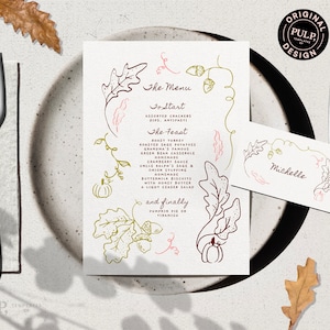 MENÜ + PLATZKARTE Vorlage | Handgezeichnet & handgeschrieben Thanksgiving, Herbst, Herbsthochzeit | wunderliche Party Food Illustration | funky | 0040