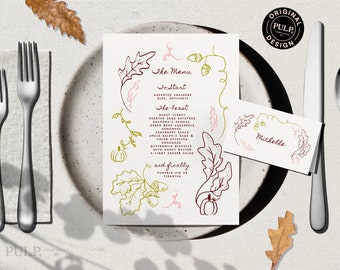 MENU + PLACE CARD Template |  Hand drawn & Handwritten Thanksgiving, fall, autumn wedding | whimsical party food illustration | funky | 0040