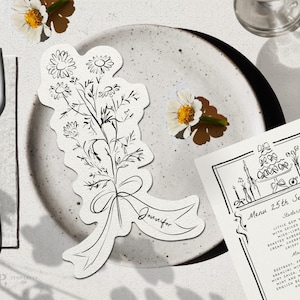 modelo de CARTÕES DE LUGAR DE MESA em formato de flor de camomila recortada | cartões de nome extravagantes de flores silvestres desenhados à mão | descolado, legal | 0035