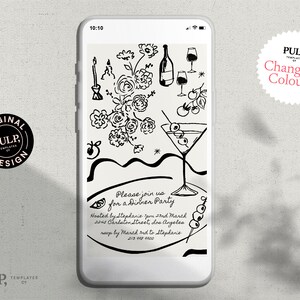 Pu&ograve; includere: Illustrazione in bianco e nero di un invito a cena sullo schermo di uno smartphone. L'invito presenta un bicchiere da martini, bottiglie di vino, candele e fiori. Il testo recita "Unisciti a noi per una cena" e include la data, l'ora, l'indirizzo e le informazioni di RSVP.