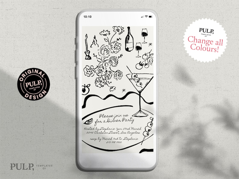 Pu&ograve; includere: Illustrazione in bianco e nero di un invito a cena sullo schermo di uno smartphone. L'invito presenta un bicchiere da martini, bottiglie di vino, candele e fiori. Il testo recita "Unisciti a noi per una cena" e include la data, l'ora, l'indirizzo e le informazioni di RSVP.