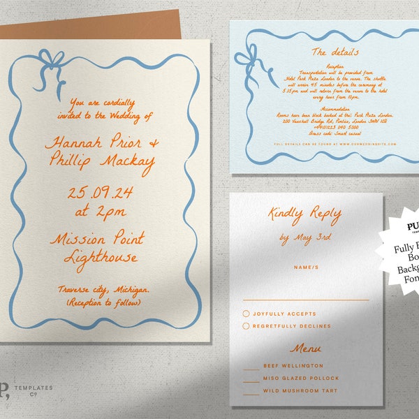 WEDDING INVITE SET | retro 50s scallop wavy edge wedding invite suite with ribbon bow | invitation template download | digital | 0015