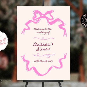 WELCOME SIGN TEMPLATE | wedding | baby | bridal shower sign | retro hand drawn and handwritten welcome sign | event signage | pink | 0025
