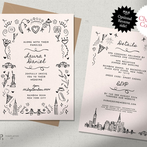WEDDING INVITATION Template | double sided | new york city | nyc inspired invite | colorful hand drawn illustrations | handwritten | 0033