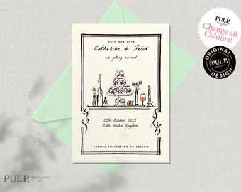 SAVE THE DATE template | whimsical, colorful, funky, hand drawn, bow cake illustrated invite | handwritten | retro vintage | V2 | 0051