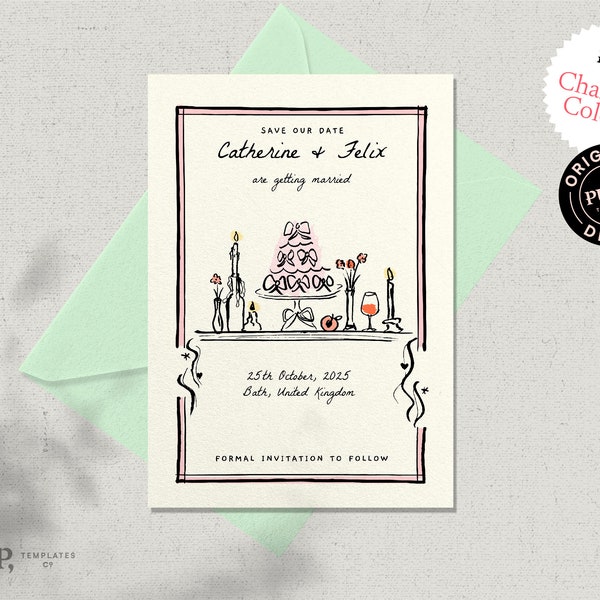 SAVE THE DATE template | whimsical, colorful, funky, hand drawn, bow cake illustrated invite | handwritten | retro vintage | V2 | 0051