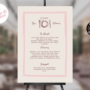 May include: A printable menu template with a pink border and a hand-drawn illustration of a plate, fork, and spoon. The text on the menu reads "The 101 Menu" and lists a three-course meal: To Start, Mains, and Dessert.