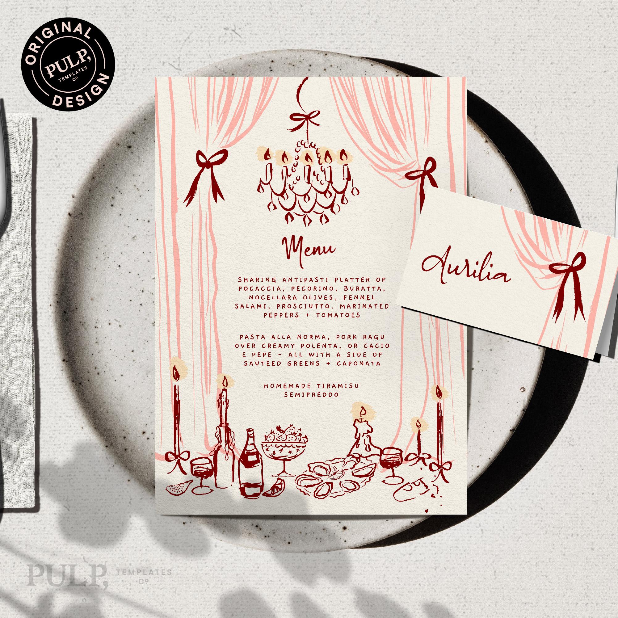 Classical Wedding Menu & Place Card Template: Hand-drawn Whimsical ...