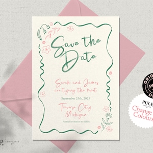 SAVE THE DATE template | hand drawn wildflower garden whimsical wavy border | 0041