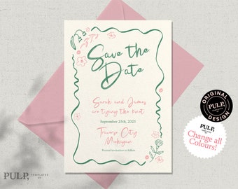 SAVE THE DATE template | hand drawn wildflower garden whimsical wavy border | 0041