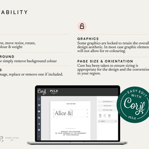 以下が含まれることがあります： ラップトップの画面に、"Alice &" と "REQUEST THE PLEASURE OF YOUR COMPANY AT THE CEREMONY OF THEIR WEDDING" のテキストが書かれた結婚式の招待状のテンプレートが表示されています。画面には、"EASY EDIT WITH Corjl PULP" というテキストが書かれた緑色の円も表示されています。