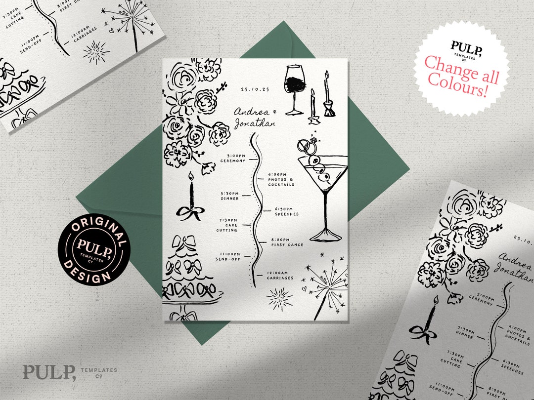 WEDDING TIMELINE CARD Template | Order of Events | Day Details | Funky ...