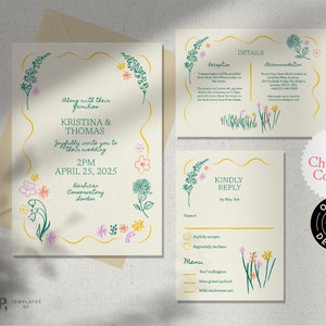 WEDDING INVITATION SET template | hand drawn wildflower illustrations & ribbon wavy edge | handwritten | colorful, fun whimsical  | 0053