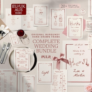 May include: A complete wedding bundle with burgundy hand-drawn frames. The set includes various templates for invitations, cards, and signs. The text includes "Welcome to the wedding of Zoe & Martin" and "Thank you!"