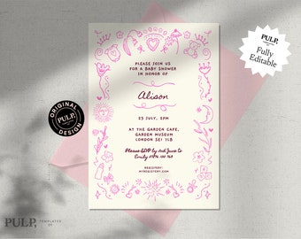 BABY SHOWER INVITE template | boy, girl, gender neutral, baby shower invitation | quirky cute hand drawn border + handwritten | pink | 0033