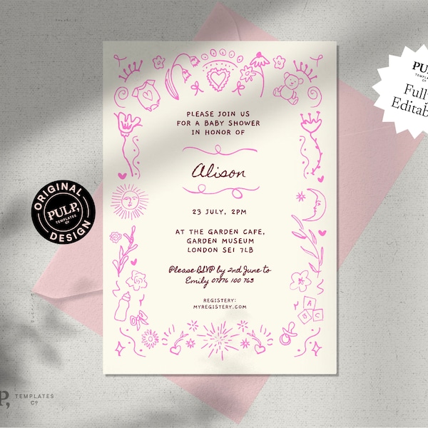 BABY SHOWER INVITE template | boy, girl, gender neutral, baby shower invitation | quirky cute hand drawn border + handwritten | pink | 0033