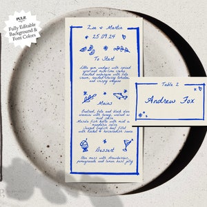 Sjabloon MENU + PLAATS KAART | Met de hand getekend en handgeschreven krabbel geïllustreerd Grillig trouwmenu | Trendy blauwe afdrukbare dl 4 x 9 |0024