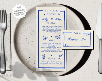 MENU + PLACE CARD Template | Hand drawn & Handwritten scribble illustrated Whimsical Wedding Menu | Trendy Blue Printable dl 4 x 9  |0024