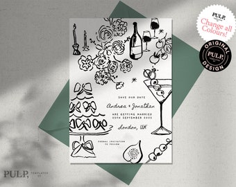 SAVE THE DATE template | whimsical, funky, hand drawn, still life table scene with cake and wine | retro vintage | invitation | 0054