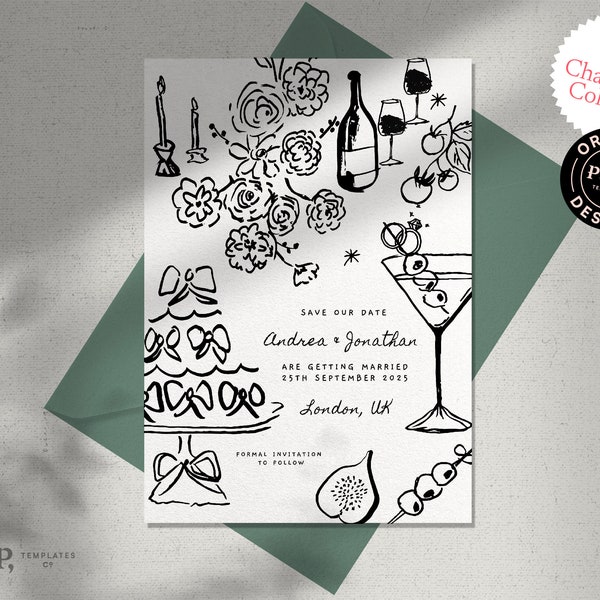 SAVE THE DATE template | whimsical, funky, hand drawn, still life table scene with cake and wine | retro vintage | invitation | 0054