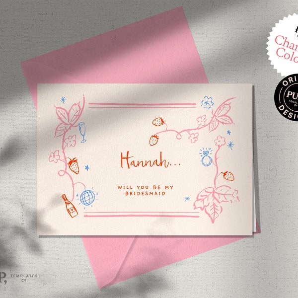 BRIDESMAID PROPOSAL CARD template | Will you be my bridesmaid? | Maid of Honor | personalize | printable download | Summer Strawberry | 0048