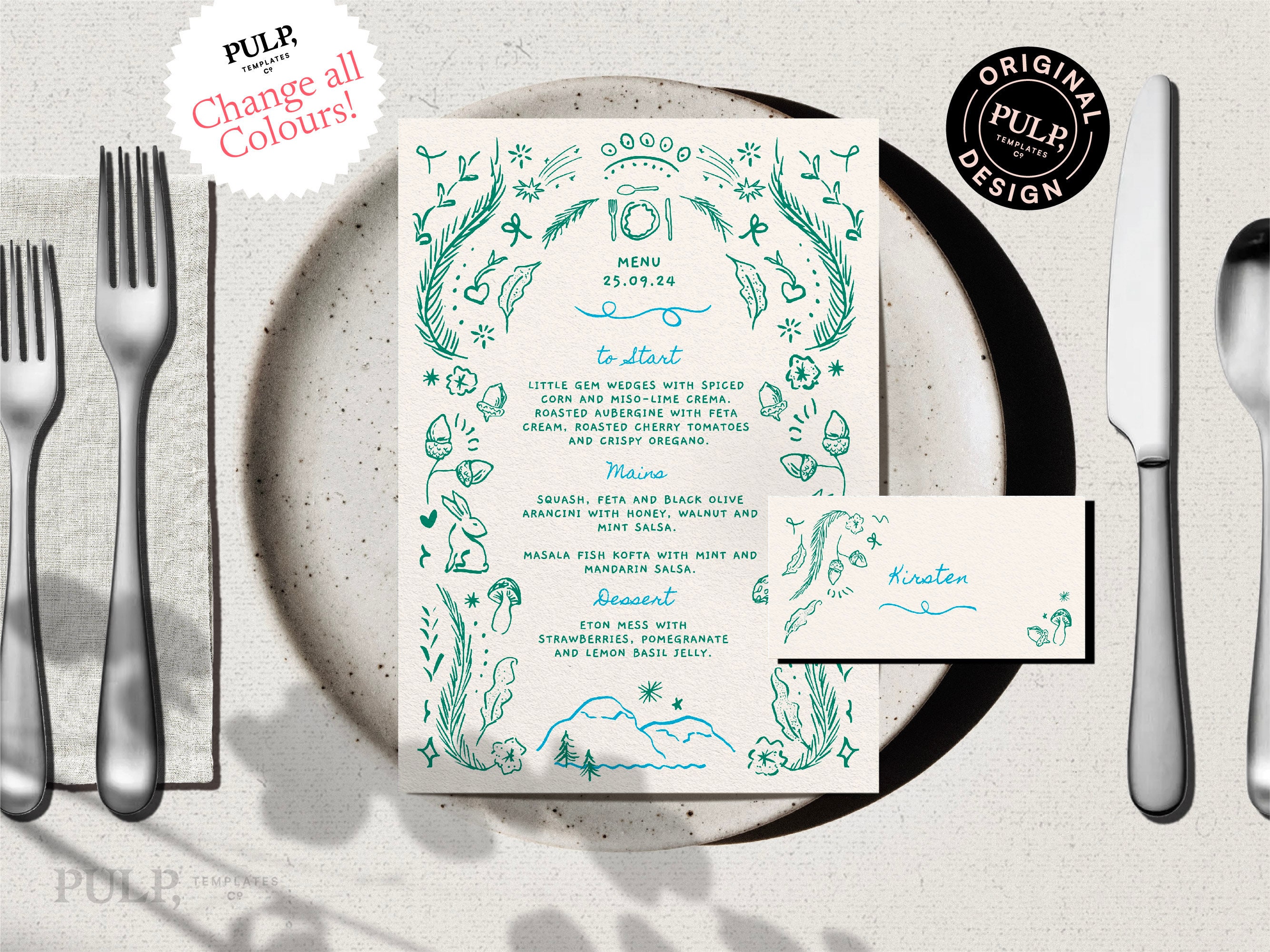 MENU + PLACE CARD Template | Hand Drawn & Handwritten Scribble ...