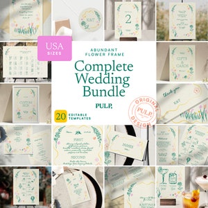 COMPLETE WEDDING BUNDLE templates **usa size** | Hand drawn & Handwritten romantic wildflower illustrated Whimsical Signage | 0053