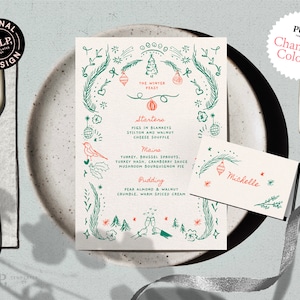 MENÜ + PLATZKARTE Vorlage | Feiertags-Dinner-Party | Winterparty | Handgezeichnetes & handgeschriebenes Doodle illustrierte Weihnachtshochzeit | 0033