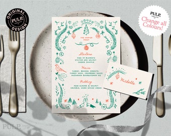 MENU + PLACE CARD Template | Holiday Dinner Party | Winter Party | Hand drawn & Handwritten doodle illustrated Christmas wedding | 0033