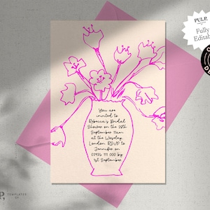 BRIDAL SHOWER INVITE plantilla / mano caprichosa dibujada y tarjeta manuscrita / invitación de moda colorida / retro floral / 0035