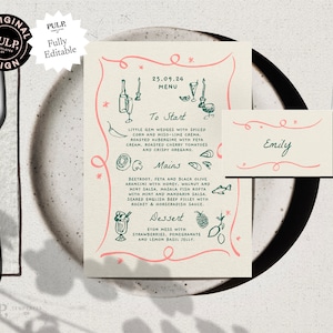 MENÚ + TARJETA DE LUGAR / Menú de comida para fiesta de bodas divertido, dibujado a mano y escrito a mano, ilustrado con garabatos / Imprimible moderno / 0030