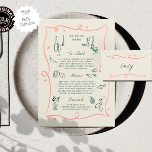 MENU PLACE CARD Template Hand drawn & Handwritten scribble illustrated whimsical wedding party food menu funky printable 0030 image 1