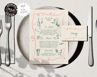 MENU + PLACE CARD Template |  Hand drawn & Handwritten scribble illustrated whimsical wedding party food menu | funky printable |0030