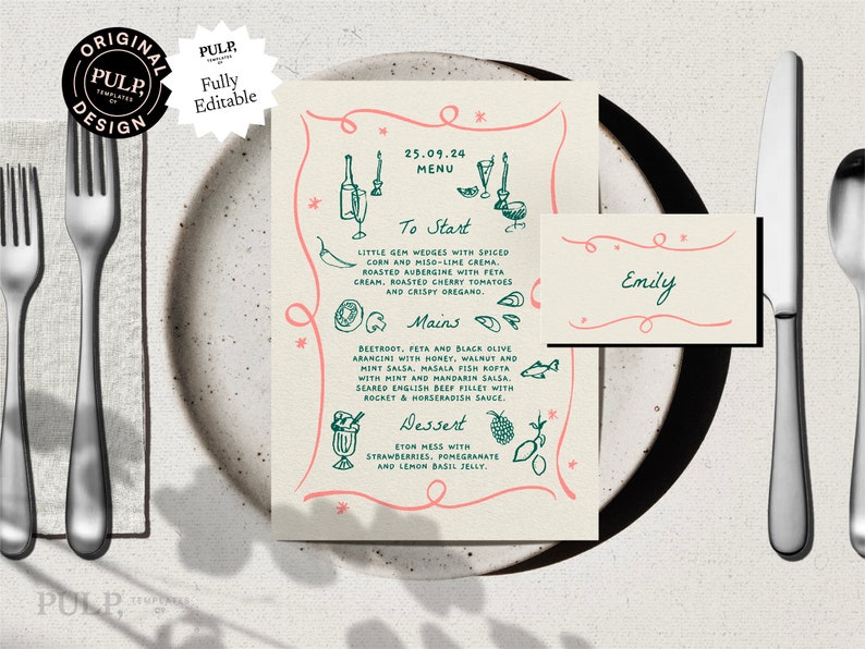 MENU PLACE CARD Template Hand drawn & Handwritten scribble illustrated whimsical wedding party food menu funky printable 0030 image 1